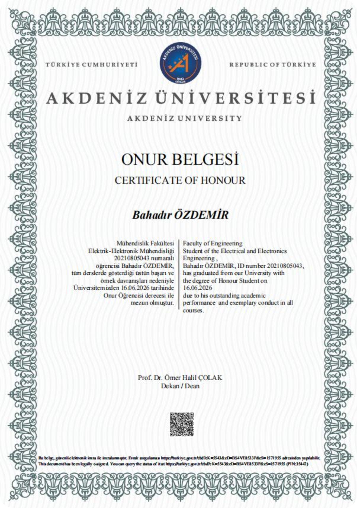 Akdeniz University Certificate of Honour
